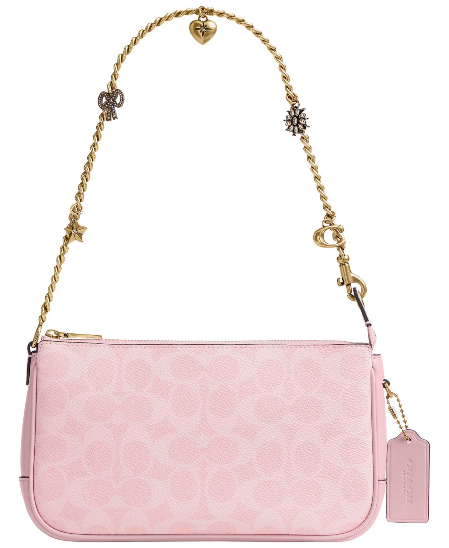 Женская сумка COACH Plaza Small Coated Canvas Signature Shoulder Bag with Charms, цвет: Латунный / Пудрово-розовый — фото 1