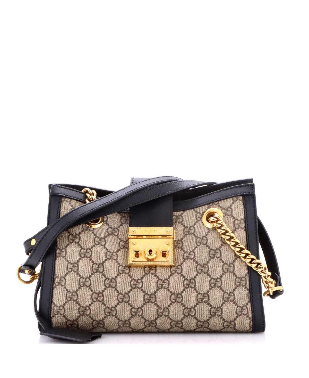 Pre-Owned Gucci Small Padlock Chain Tote Gg Coated Canvas with Leather - Black