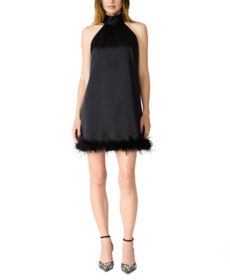 Juniors' Halter Feather-Trimmed Mini Satin Cocktail Dress