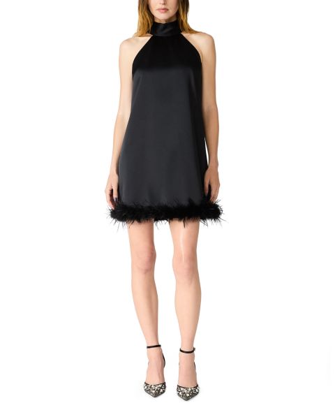 Женское платье Betsey Johnson Juniors' Halter Feather-Trimmed Mini Satin Cocktail, цвет: Чёрный