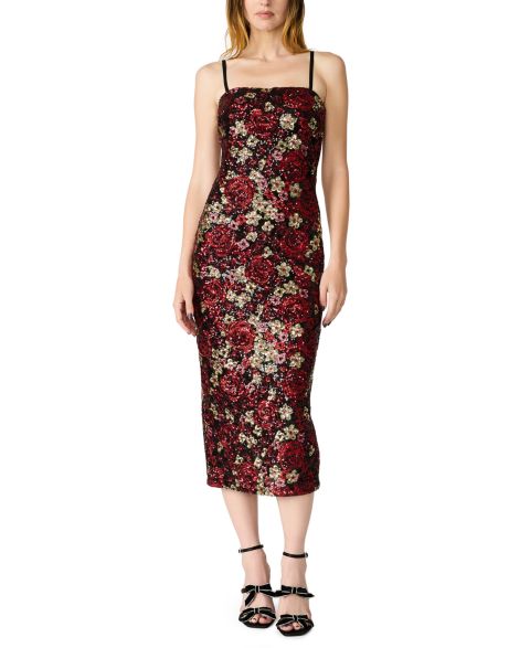Женское платье Betsey Johnson Juniors' Tube Sequin Floral-Print Fitted Midi, цвет: Красный сливовый комбинированный