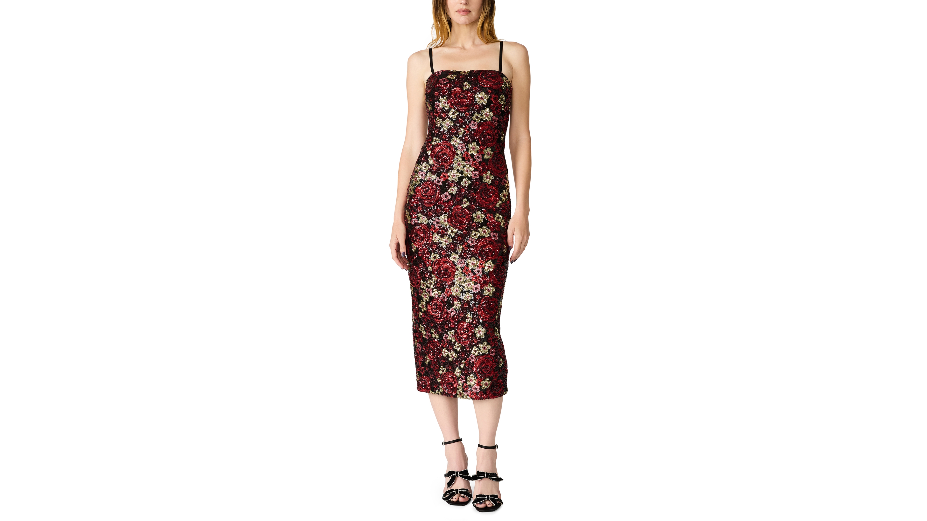 Betsey Johnson Women's Tube Sequin Floral-Print Fitted Midi Dress