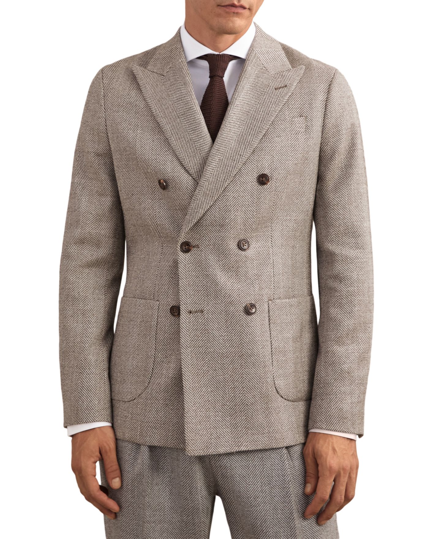 Мужской пиджак REISS Pinto Double-Breasted Herringbone Tailored-Fit Wool-Blend Blazer, цвет: Коричневый — фото 1