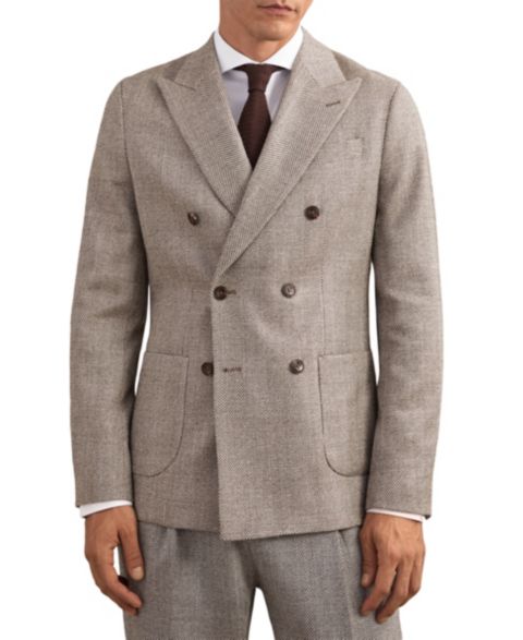Мужской пиджак REISS Pinto Double-Breasted Herringbone Tailored-Fit Wool-Blend Blazer, цвет: Коричневый