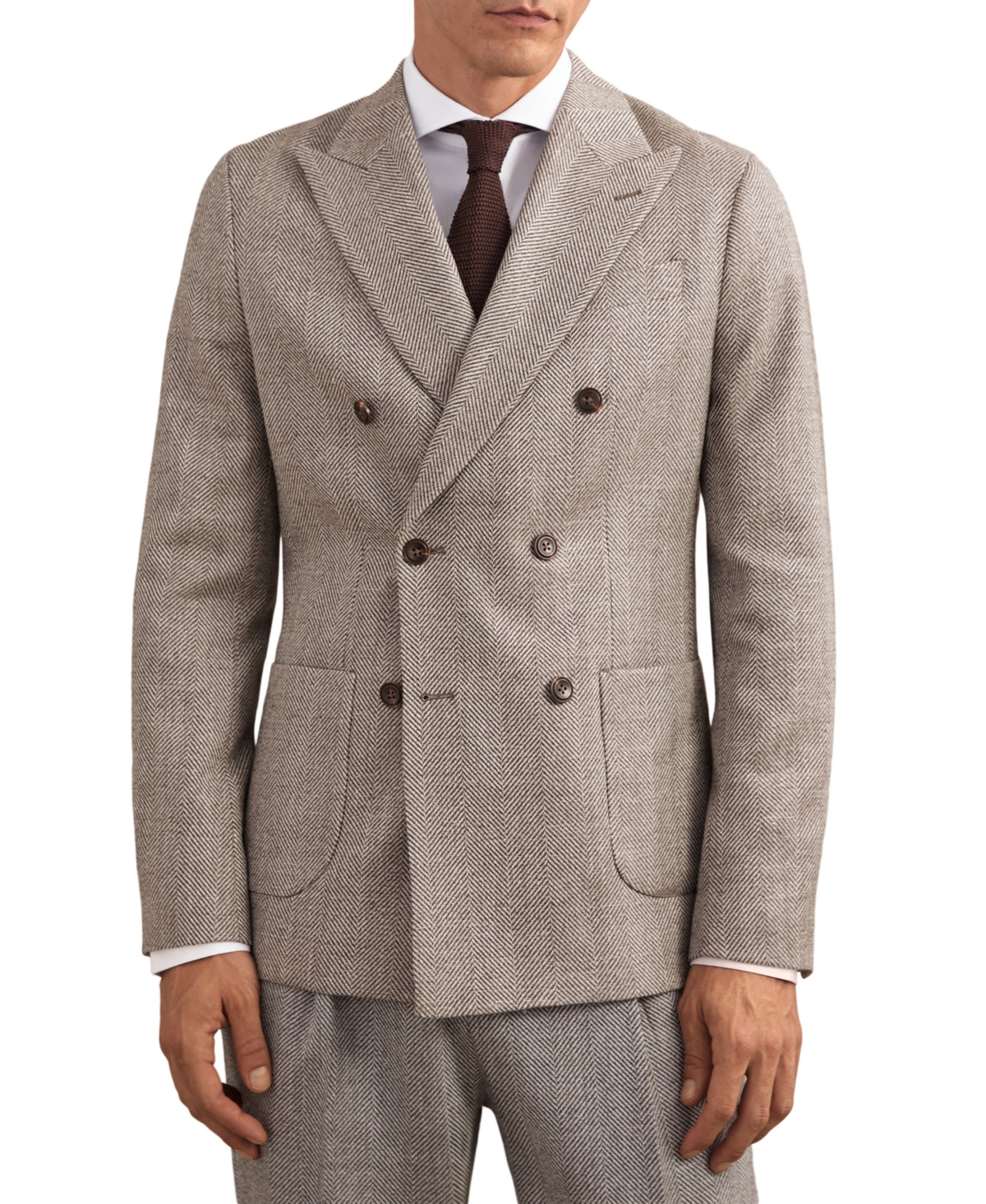 Reiss Men's Pinto Double-Breasted Herringbone Tailored-Fit Wool-Blend Blazer - Brown