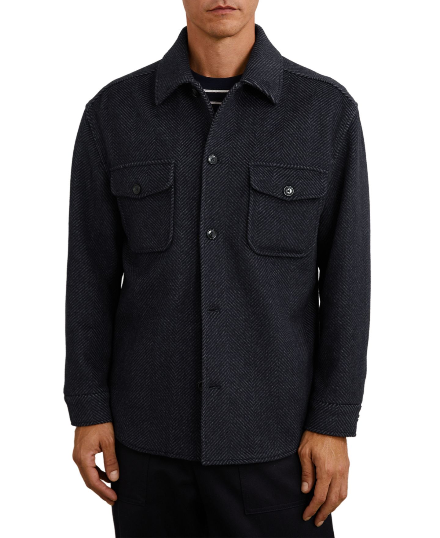 Мужская рубашка REISS Compton Wool-Blend Herringbone Overshirt, цвет: Тёмно-синий — фото 1