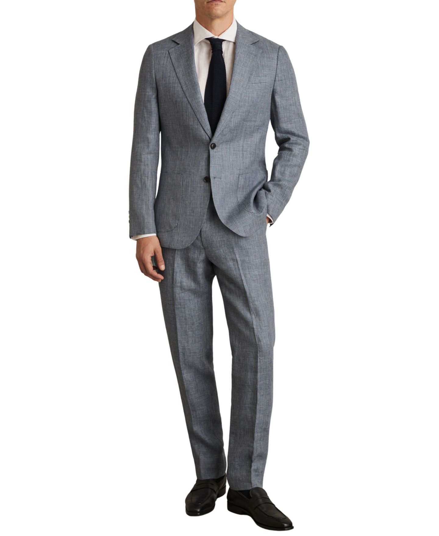 Мужской пиджак REISS Reef Single-Breasted Slim-Fit Prince of Wales Check Linen Blazer, цвет: Мягкий синий — фото 3