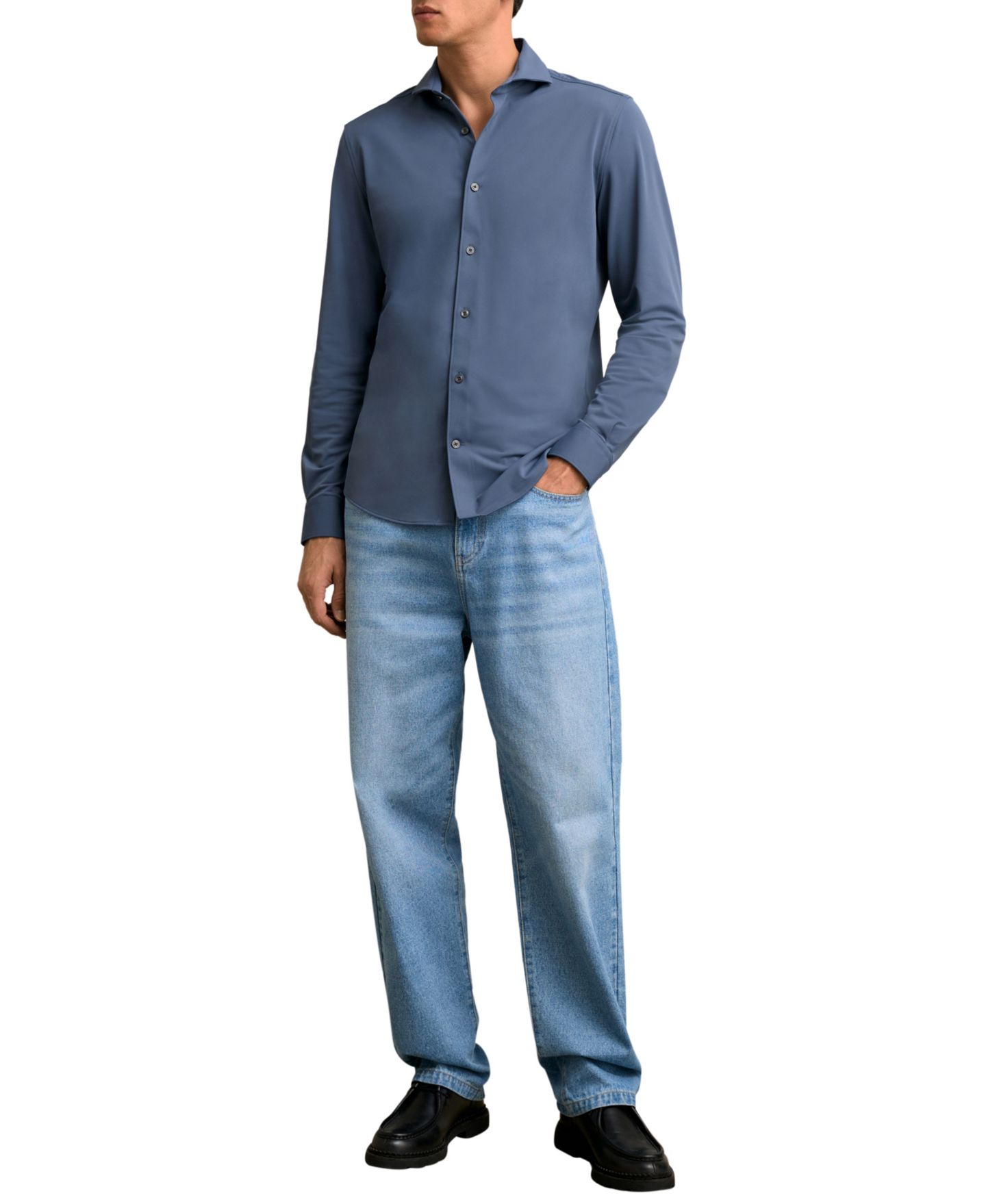 Мужская рубашка REISS Charge Stretch-Jersey Cutaway-Collar Long-Sleeve, цвет: Тёмный синий — фото 3