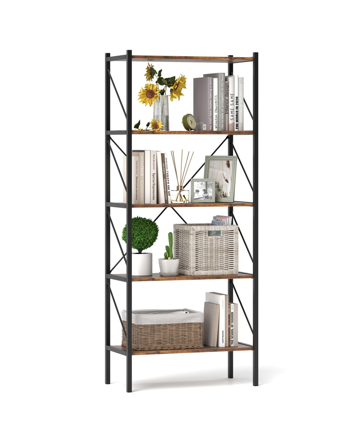 Mecale 5-Tier Bookshelf with Open Shelves and Heavy Duty Metal Frame - Rustic brown