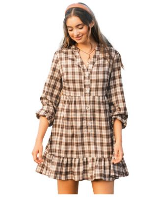 Women's Soft Autumn Plaid Long-Sleeve Tiered Mini Dress