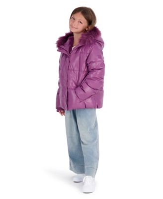 Girls' XS-XL Liquid Fashion Hooded Puffer Jacket with Faux-Fur Trim