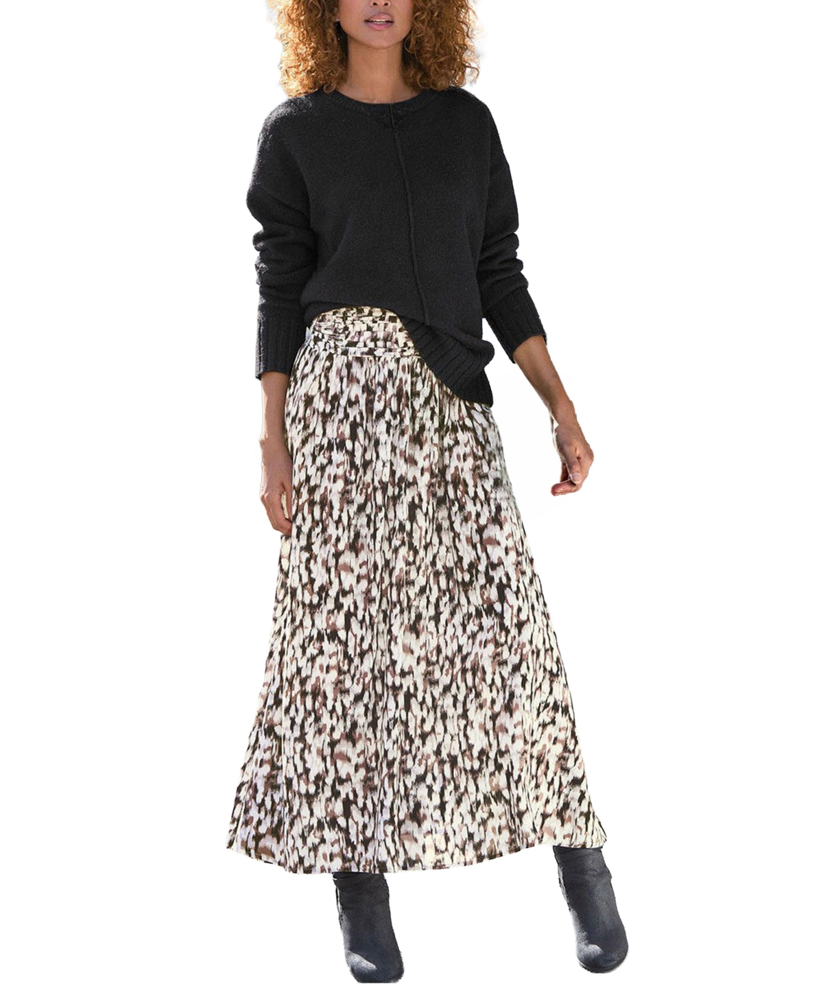 Lascana Women's High-Waisted A-Line Ruched Maxi Skirt - Taupe ivory