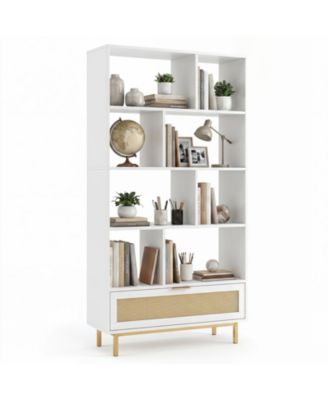 64 Inch 6-Tier Engineered Wood and Metal 8-Cube Rattan Drawer Bookcase