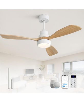 48-inch Indoor Modern White 3-Solid Wood Brown Ceiling Fan with Light Kit, Flush or Downrod, Tech Compatibility AMZ Alexa APP Remote Control