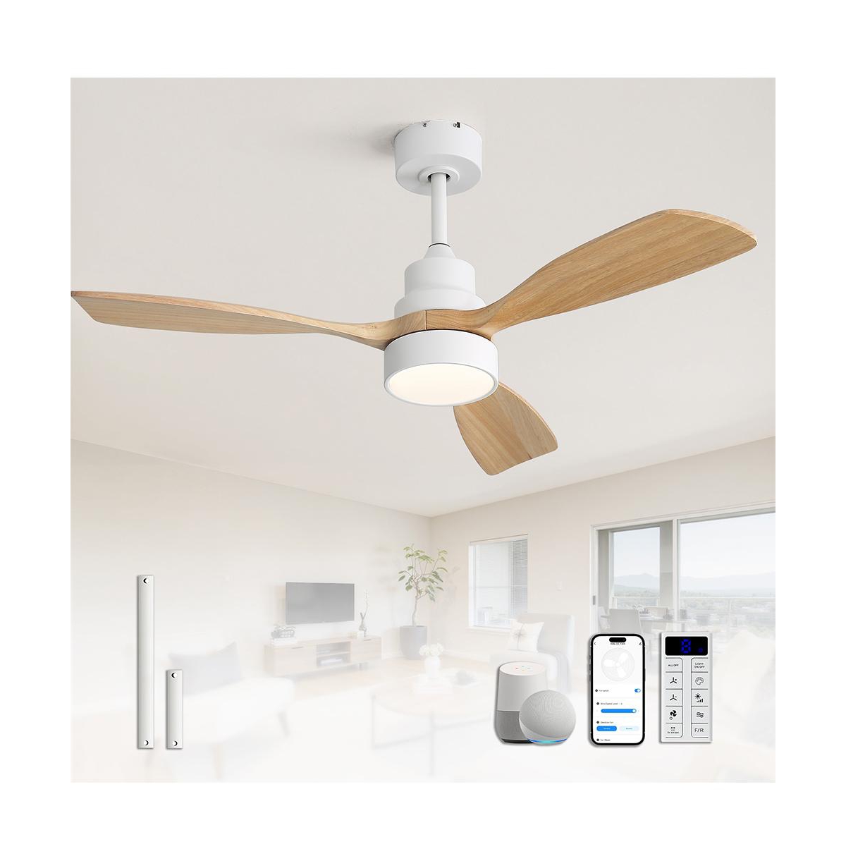 Sofucor 48-inch Indoor Modern White 3-Solid Wood Brown Ceiling Fan with Light Kit, Flush or Downrod, Tech Compatibility Amz Alexa App Remote Control