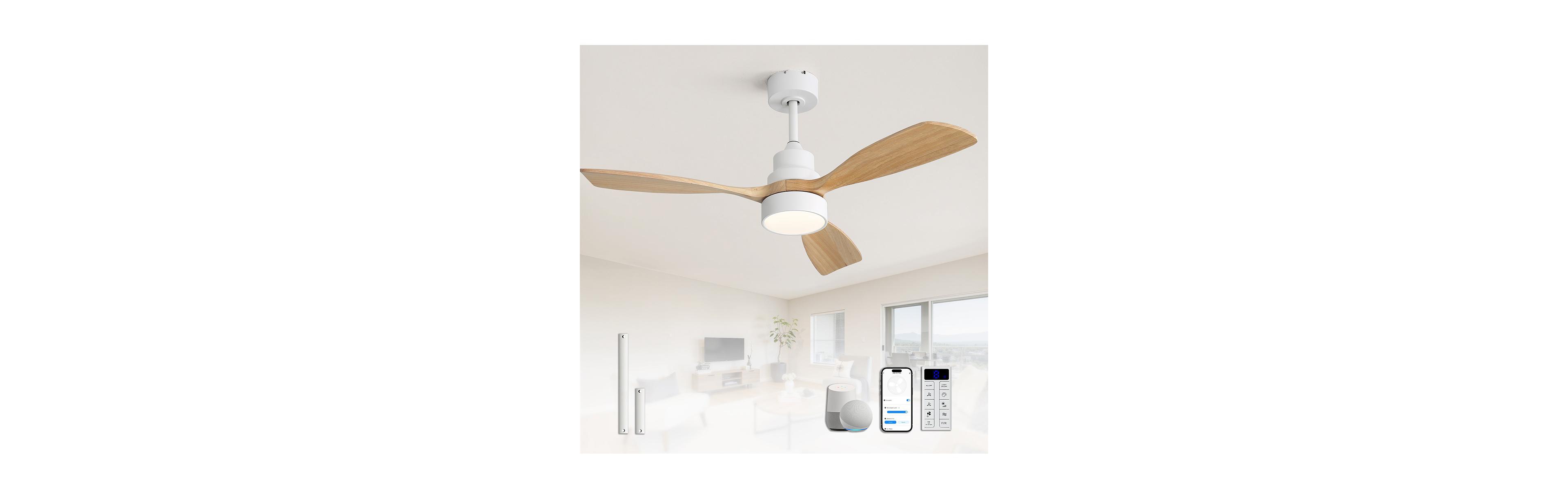 Sofucor 48-inch Indoor Modern White 3-Solid Wood Brown Ceiling Fan with Light Kit, Flush or Downrod, Tech Compatibility Amz Alexa App Remote Control