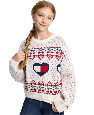 Girls' 7-16 Heart Flag Intarsia Crewneck Sweater