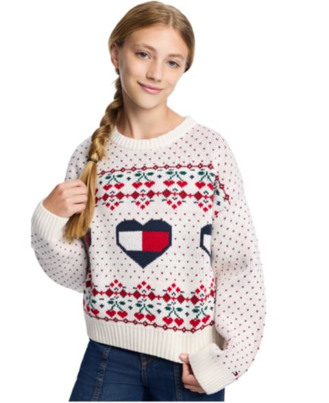 Свитер Tommy Hilfiger Heart Flag Intarsia Crewneck для девочек, цвет: Egret