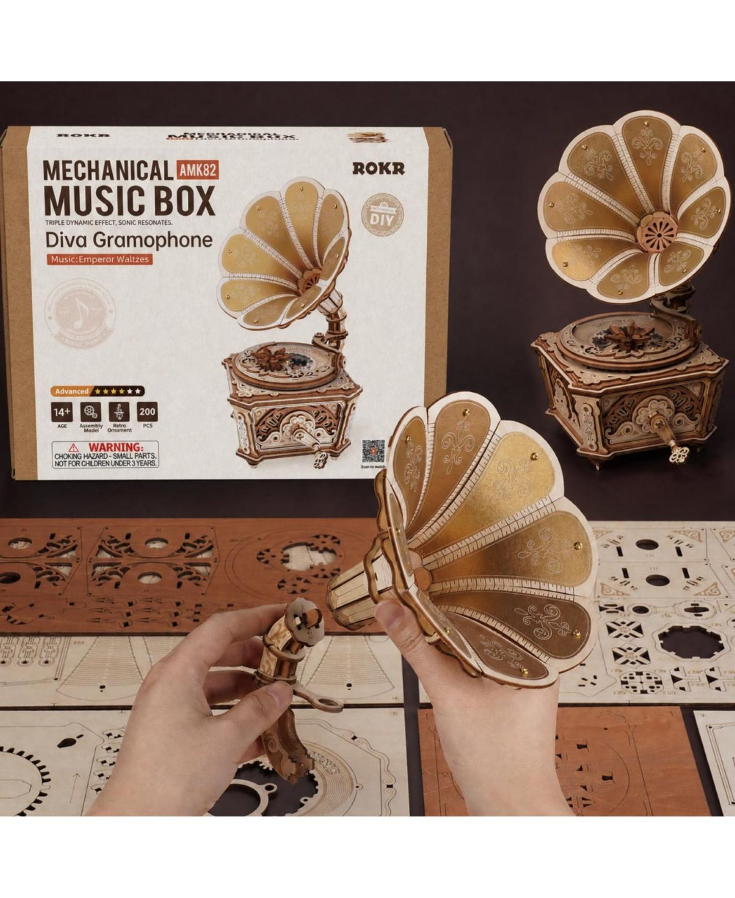 Детские конструкторы Robotime Vintage Gramophone 200-Piece 3D Wooden Puzzle Mechanical Music Box, Ages 14+ — фото 6