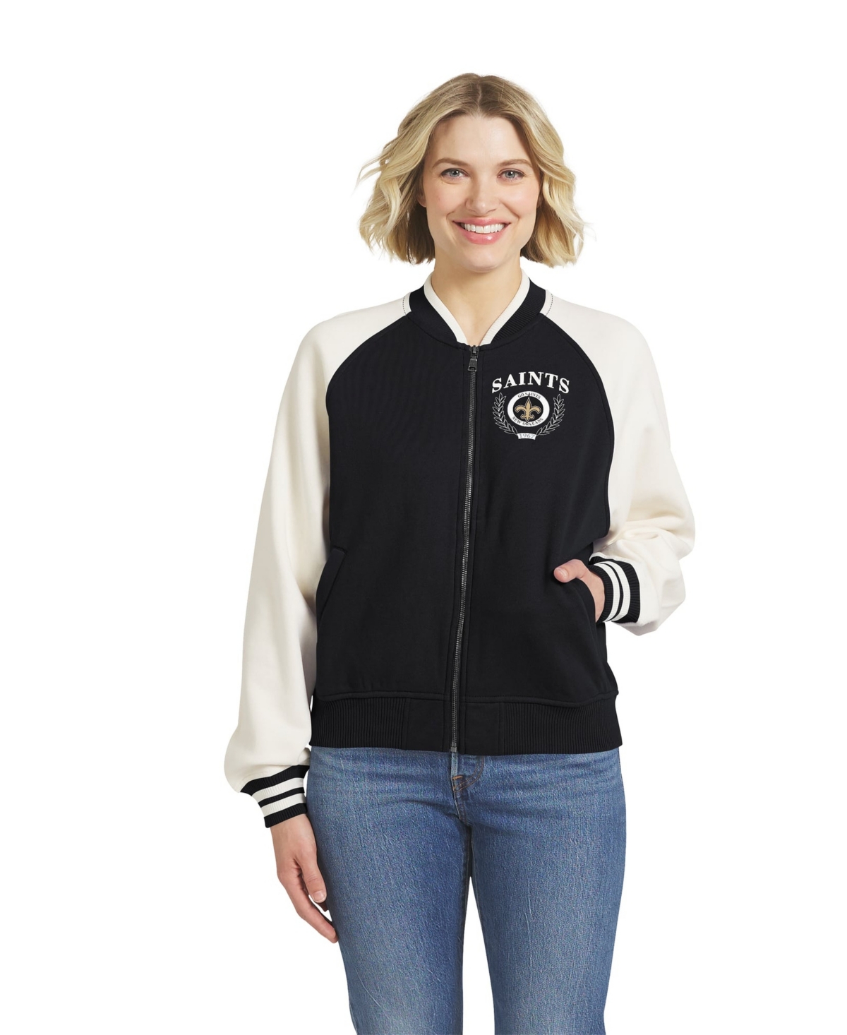 Wear by Erin Andrews Women's New Orleans Saints Full-Zip Varsity Fleece Jacket - Black