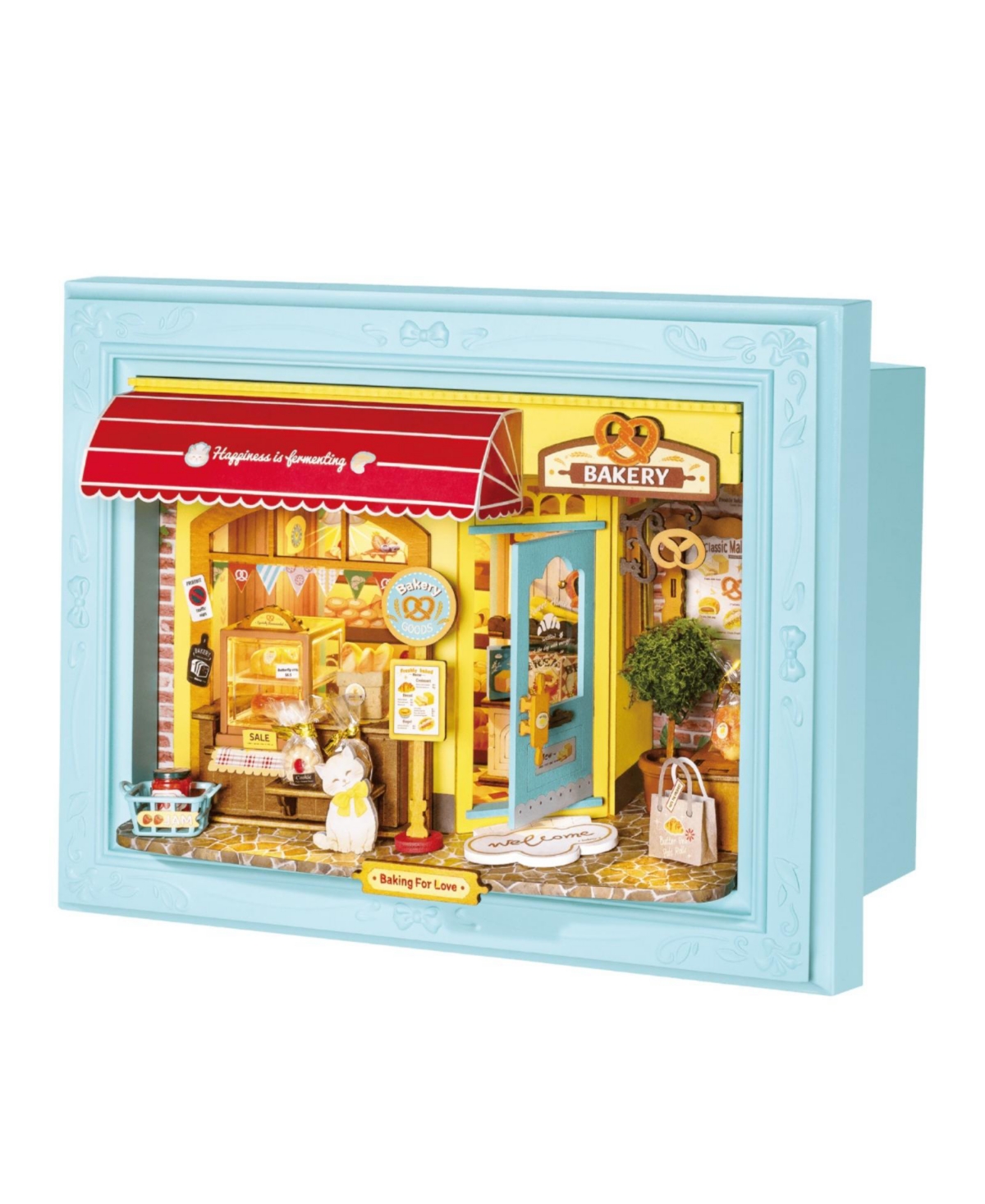 Robotime Fluffy Cat Bakery Wood Shadow Box with Led Light, Ages 14+