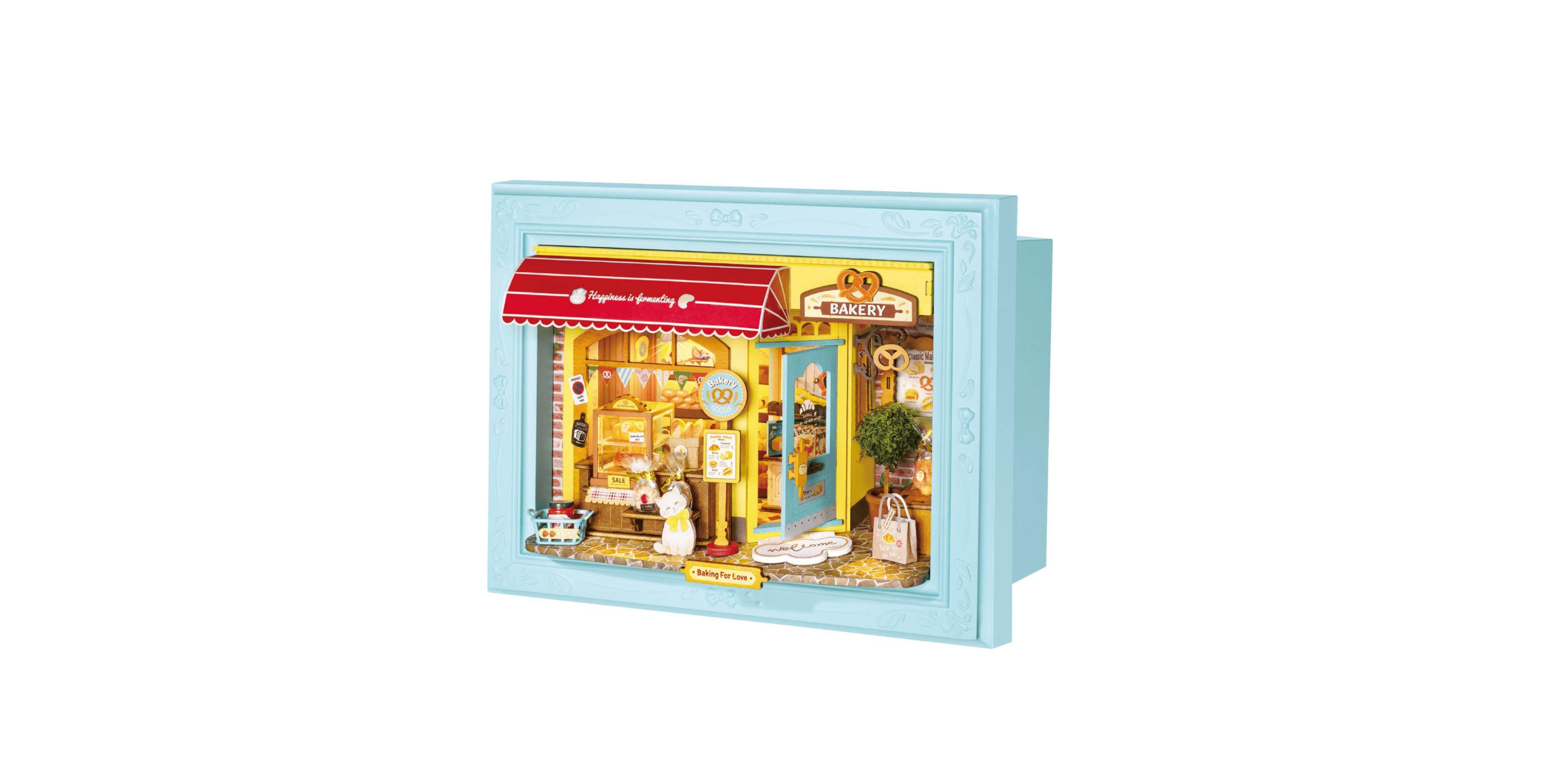 Robotime Fluffy Cat Bakery Wood Shadow Box with Led Light, Ages 14+