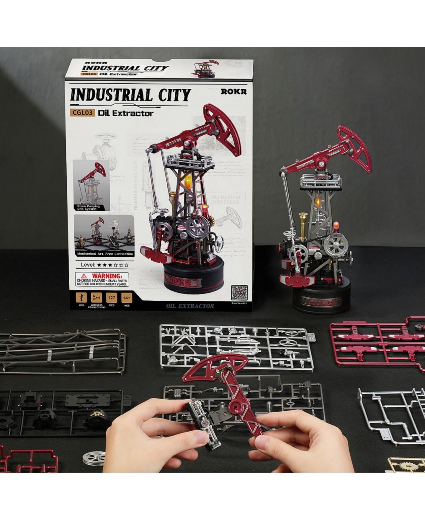 Детский конструктор Robotime Industrial City Series Oil Pump Jack Motorized LED Wooden Puzzle Building Set, Ages 14 & Up — фото 5