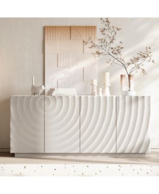59 Inch Solid Wood and MDF 4-Door Wave Textured Storage Cabinet