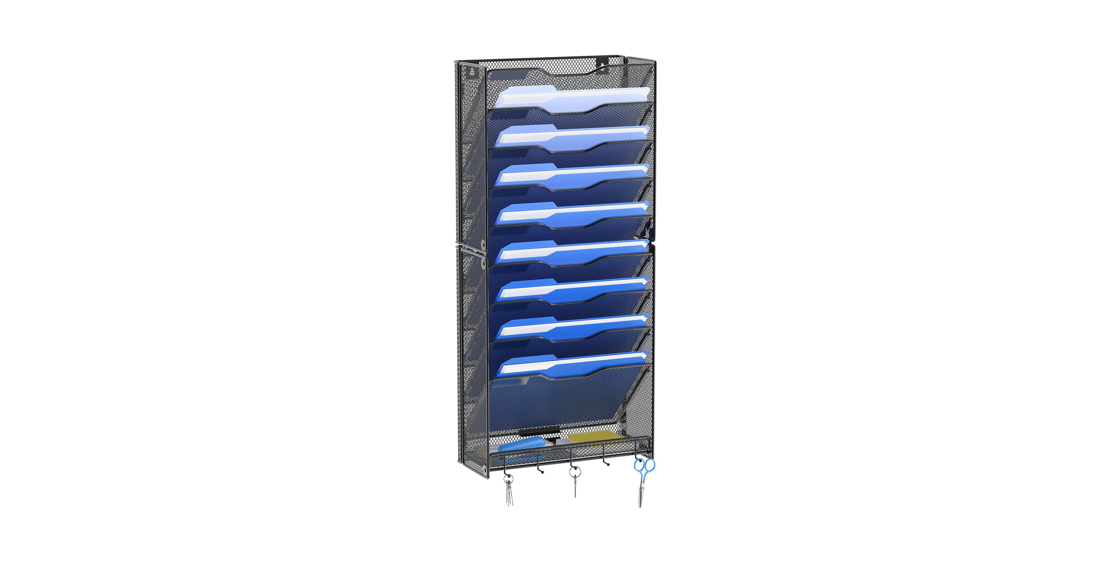 Four Candies 12 Tier Vertical Wall File Organizer With Hooks Mesh Metal Office Holder
