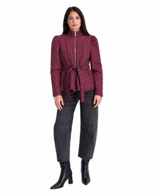 Women's Quilted Peplum Jacket With Self-Tie Waist And Stand Collar