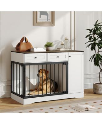 47" Dog Crate Furniture Indoor, 2 Doors, 2 Drawers and Storage Cabinet, Large Wooden Kennel TV Stand End Table for Medium Small Dogs