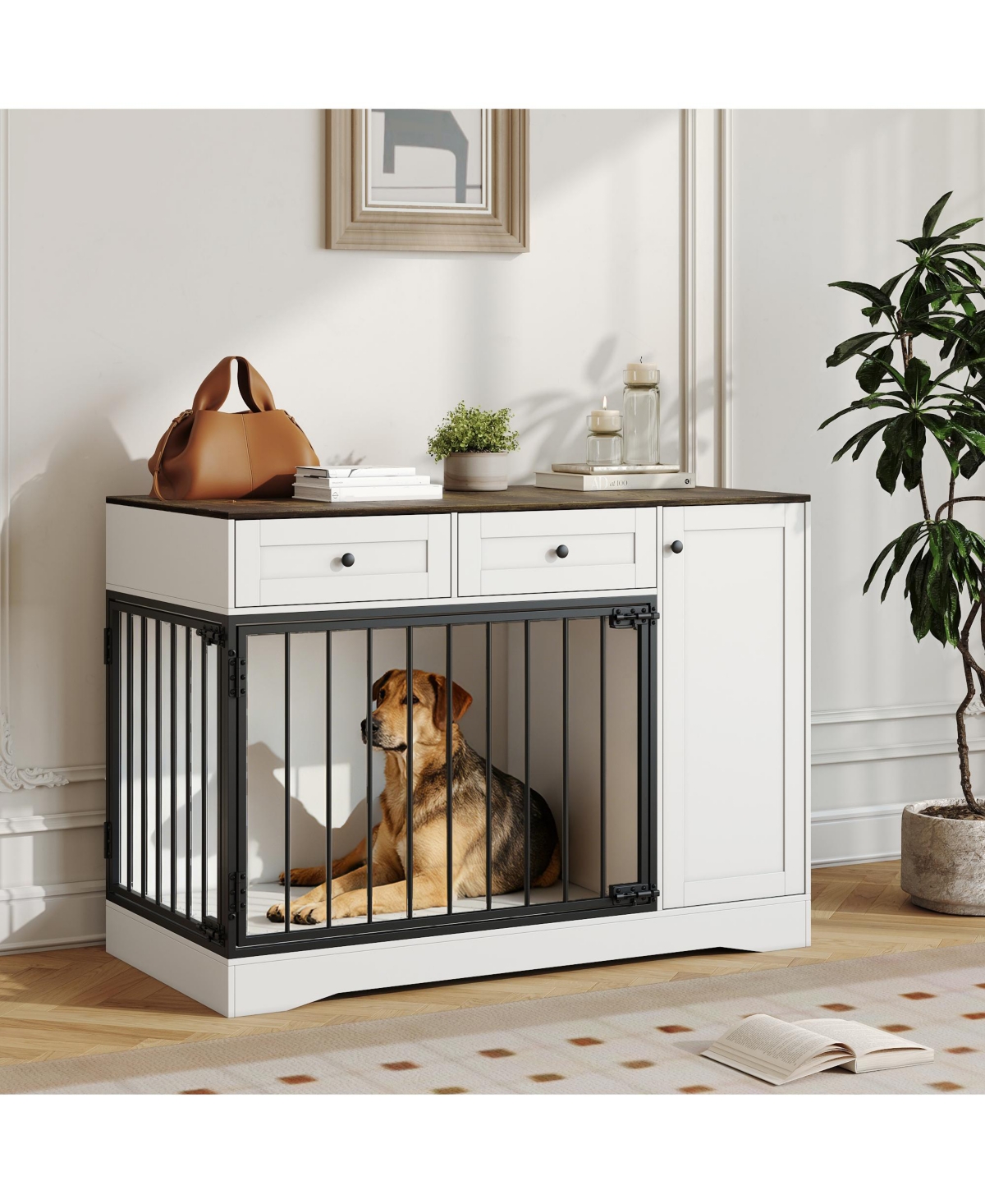 Lalfpet 47" Dog Crate Furniture Indoor, 2 Doors, 2 Drawers and Storage Cabinet, Large Wooden Kennel Tv Stand End Table for Medium Small Dogs