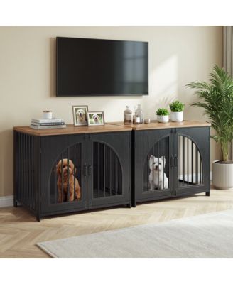 Set of 2 Decorative Dog Crate Furniture with Locking Arched Door and MDF Panels - Indoor Metal Kennel for Small to Medium Dogs