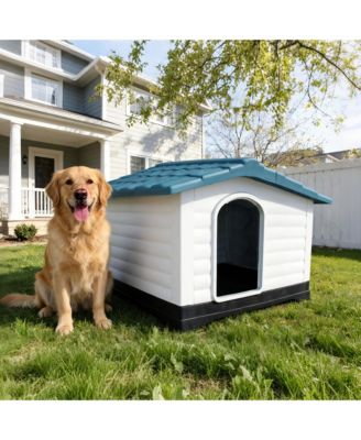 Weatherproof Elevated Plastic Dog House, 2-Door Ventilated Kennel with Fold-Out Porch and Easy-Clean Design