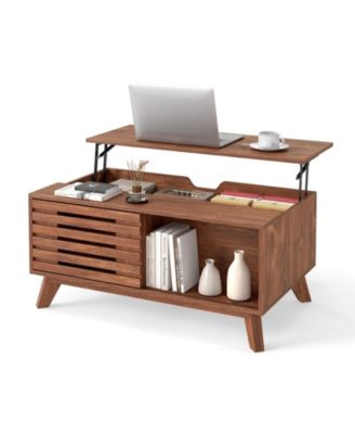 35.5'' Lift Top Coffee Table with Hidden Compartment Slatted Sliding Door and Legs