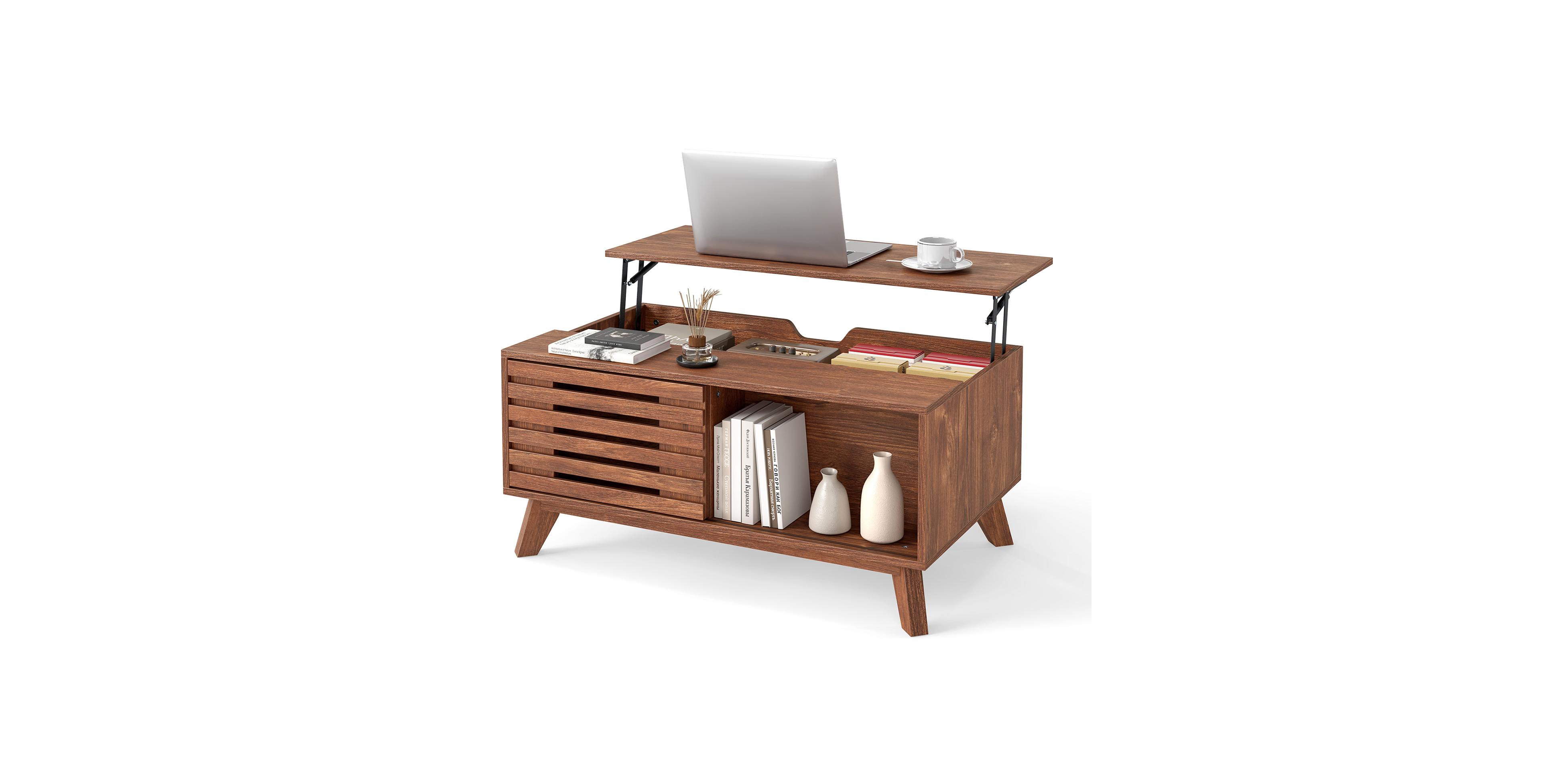 Gymax 35.5'' Lift Top Coffee Table with Hidden Compartment Slatted Sliding Door and Legs