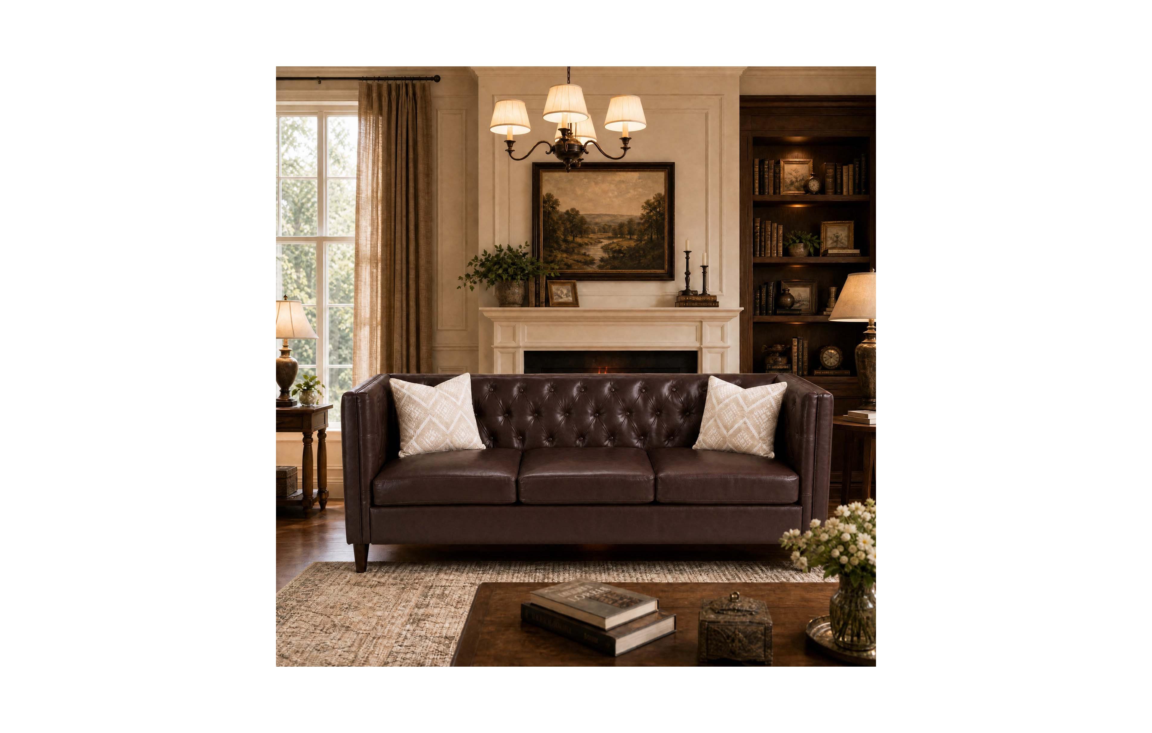 gaomon Modern Chesterfield Leather Sofa with Handmade Button Tufting, Mid-Century 3-Seat Couch with Deep Seating for Living Room and Office