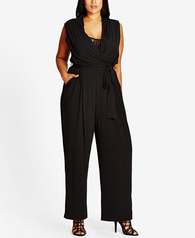 City Chic Trendy Plus Size Faux-Wrap Wide-Leg Jumpsuit