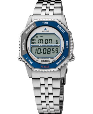 Men's Retro Digital Rotocall Silver-Tone Stainless Steel Watch 37mm