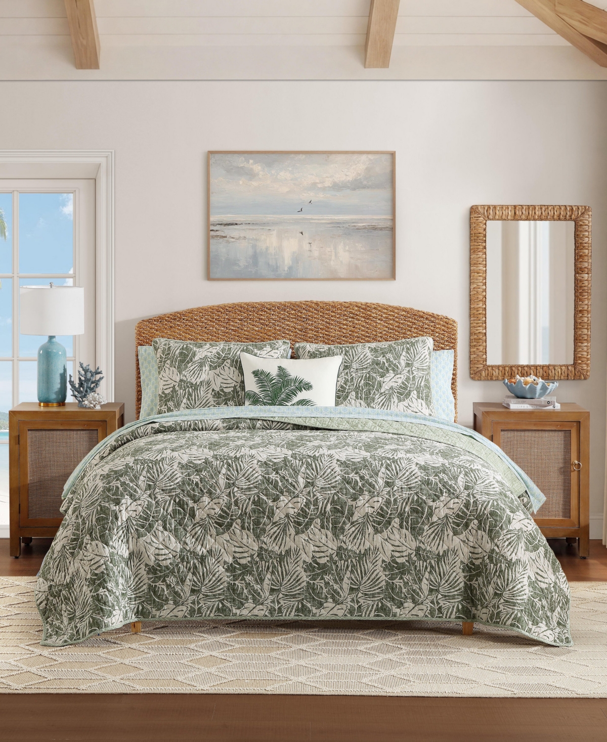 Tommy Bahama Costa Blanca Cotton Reversible 3-piece Quilt Set, Full/queen In Light Green