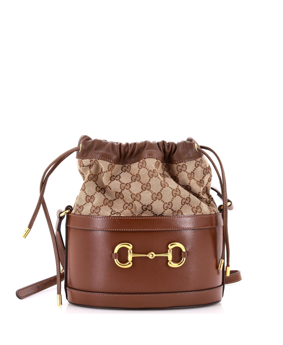 Pre-Owned Gucci Small Horsebit 1955 Bucket Crossbody Bag Leather and Gg Canvas - Brown