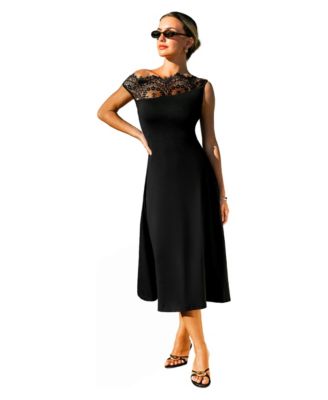 Women's Off-the-Shoulder Lace-Trim A-Line Midi Dress