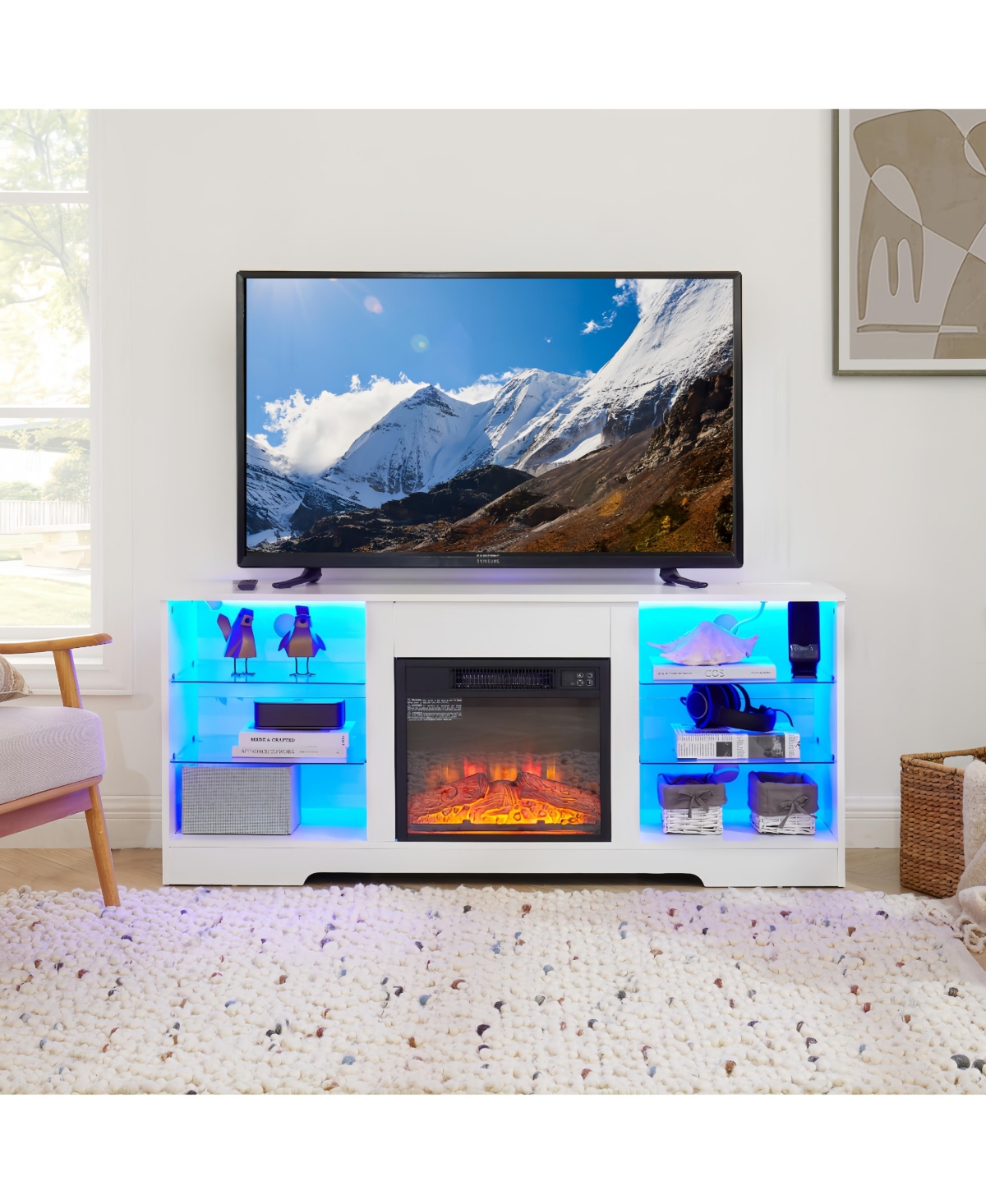 Flynama 58 Inch Electric Fireplace Tv Stand - 3D Led Flame Media Cabinet with Usb and Ac Power for 65 Inch Tv