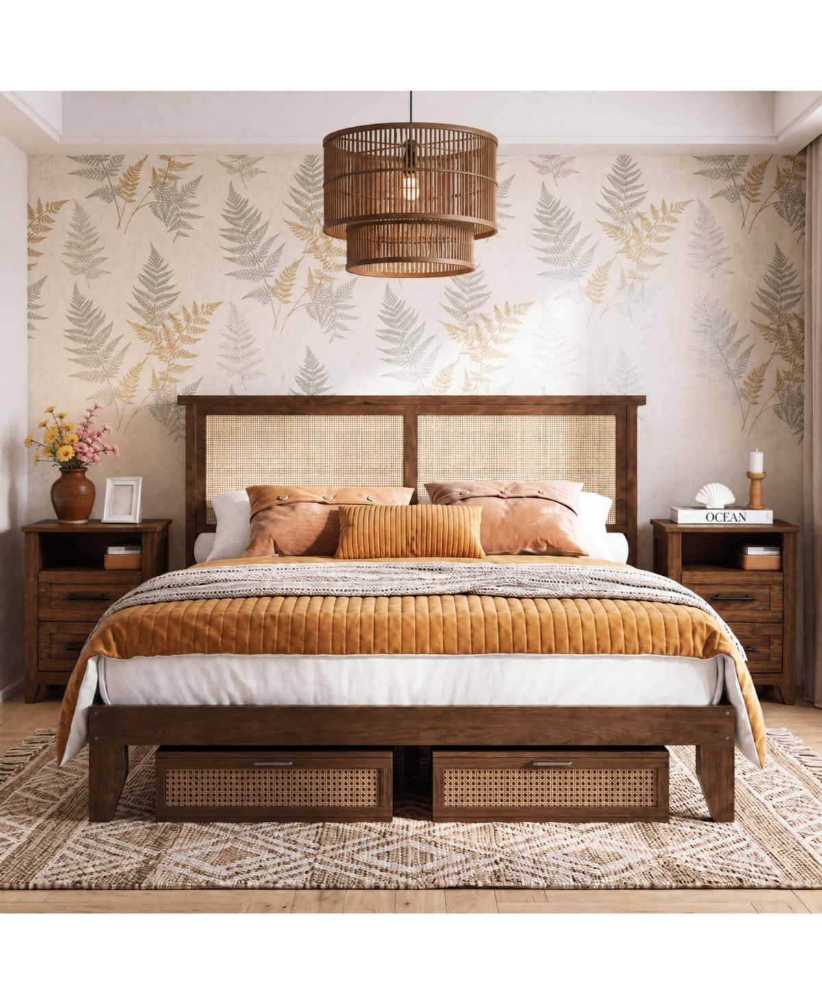 homfan Rattan Platform Bed Frame with Led Lights and Storage Headboard and Set of 2 Farmhouse Bedside Tables with Charging Station