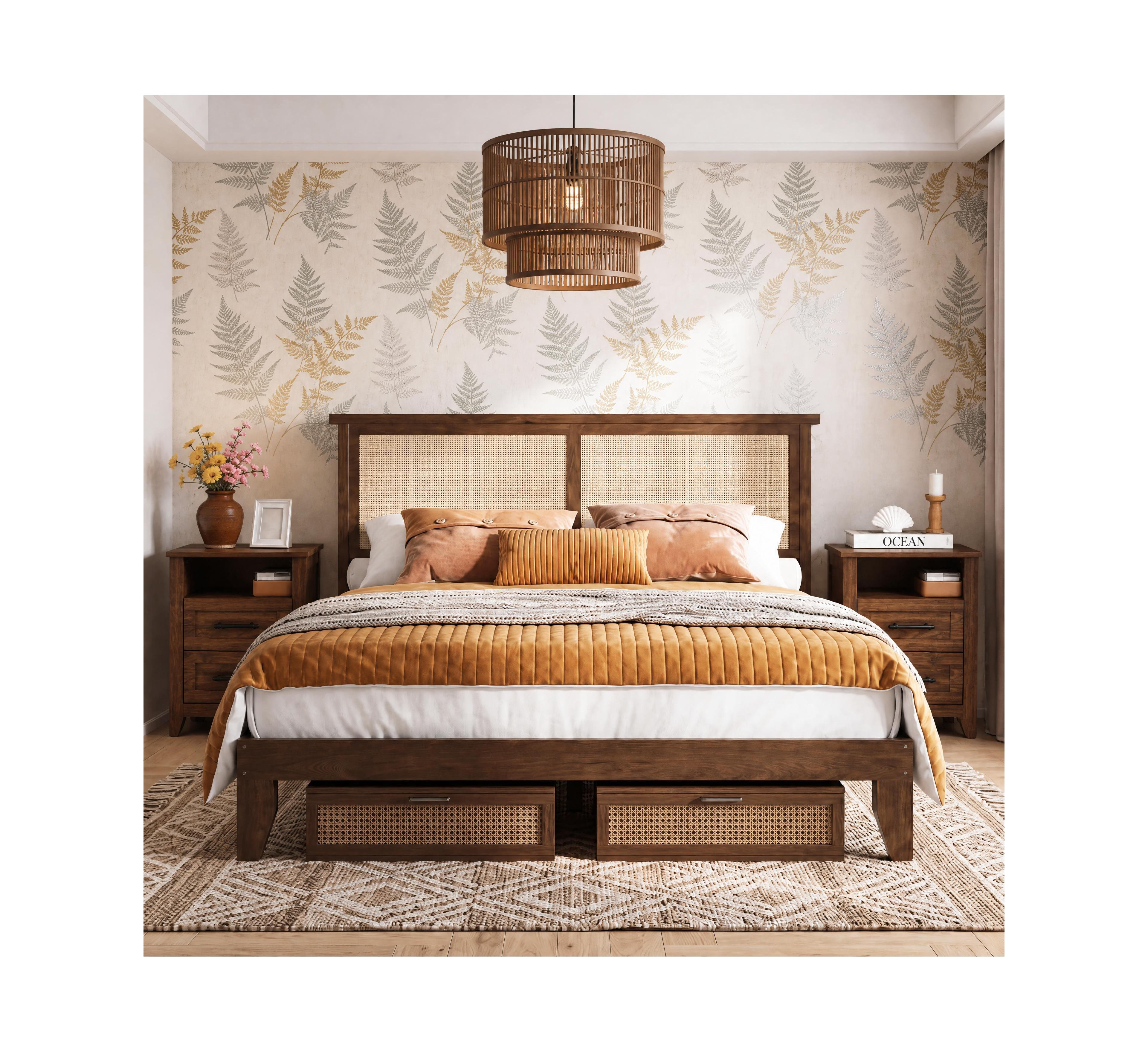 homfan Rattan Platform Bed Frame with Led Lights and Storage Headboard Set of 2 Farmhouse Bedside Tables Charging Station