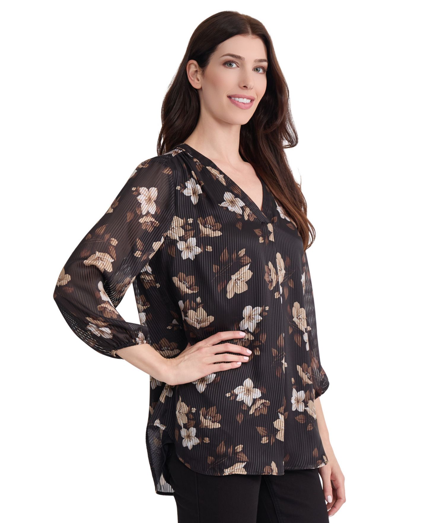 Женский топ Jones New York Floral-Print V-Neck 3/4-Sleeve Tunic Top, цвет: Чёрный разноцветный — фото 2