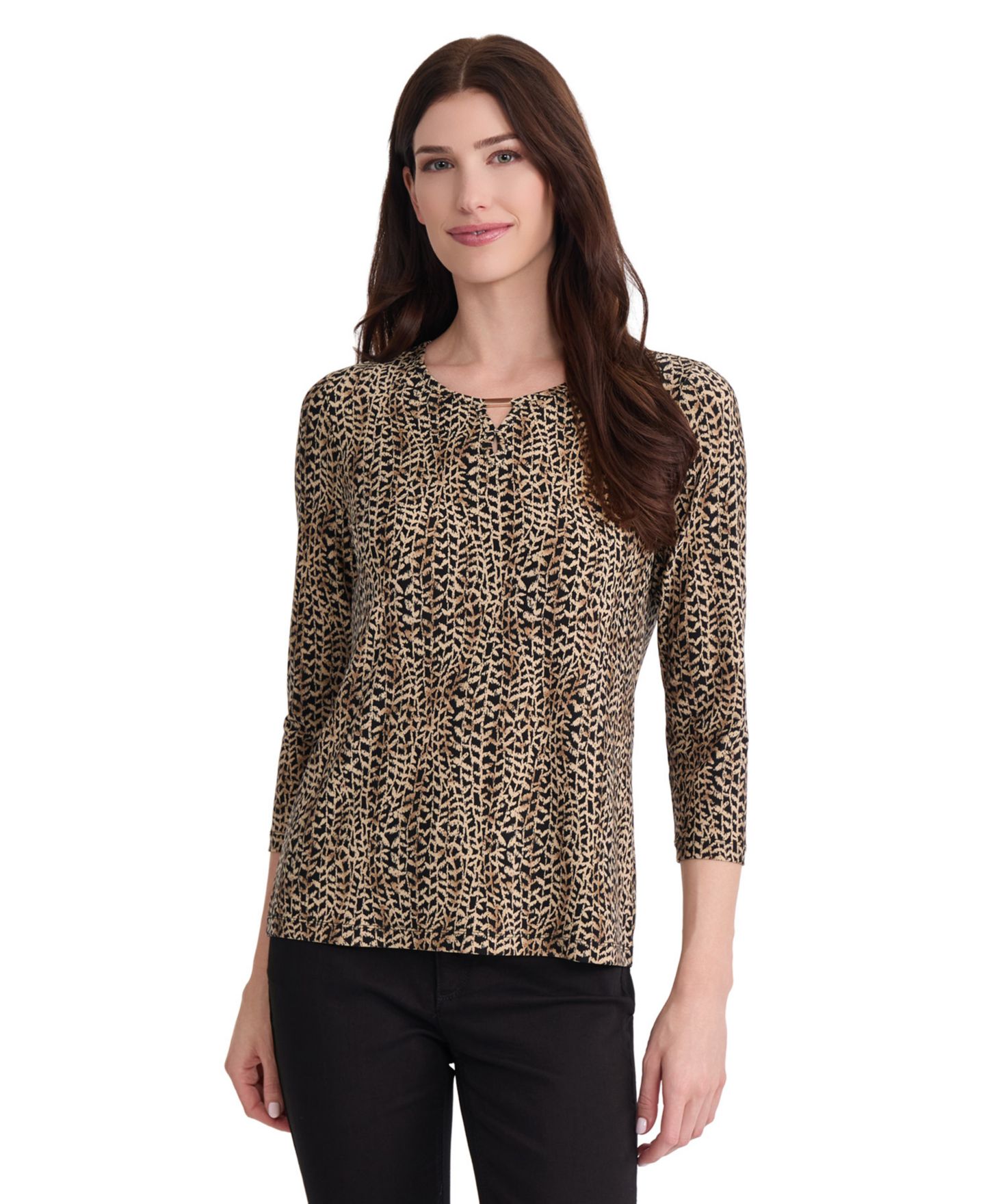 Женский топ Jones New York 3/4-Sleeve Print Bar Keyhole, цвет: Чёрный разноцветный — фото 1