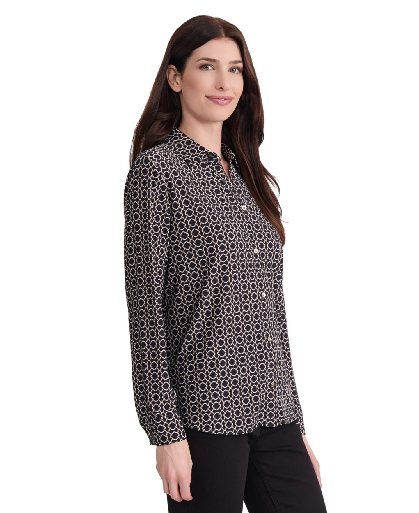 Женская блузка Jones New York Geometric Long-Sleeve Cuffed, цвет: Чёрный — фото 2