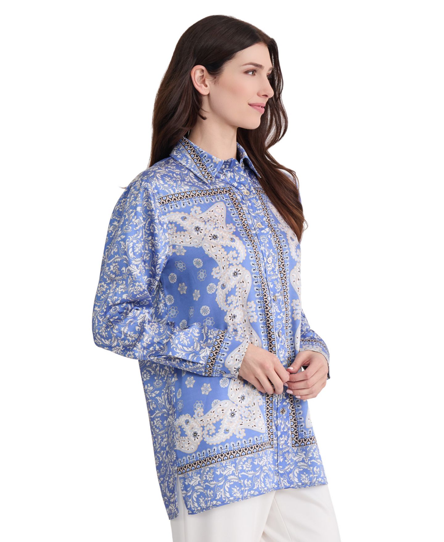Женская блузка Jones New York Satin Paisley-Print Button-Front, цвет: Синий каменный — фото 2