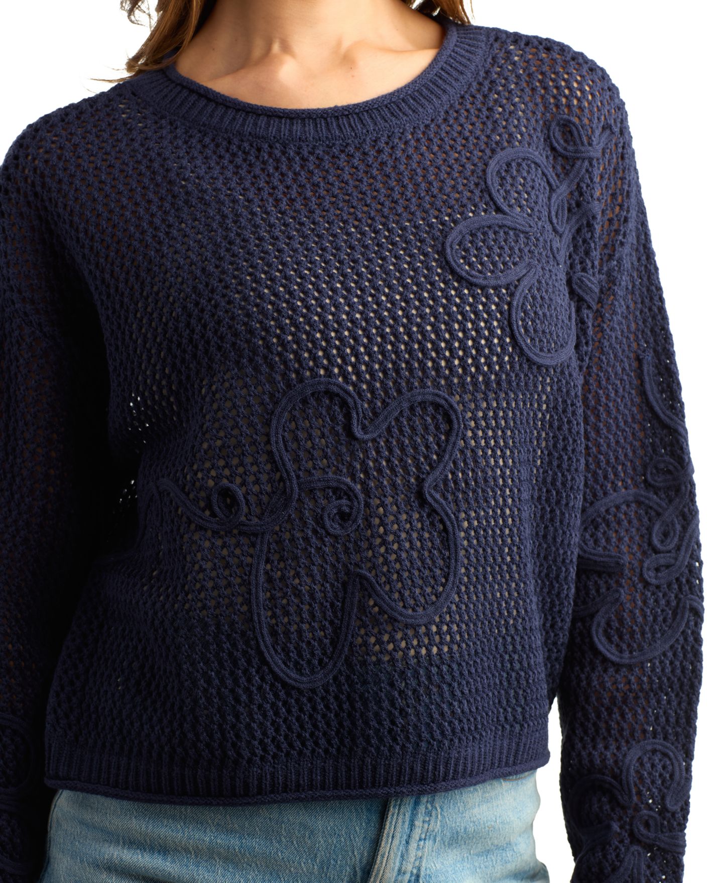 Женский свитер BCX Juniors' Resort Crochet Long-Sleeve Loose-Fit, цвет: Тёмно-синий — фото 5